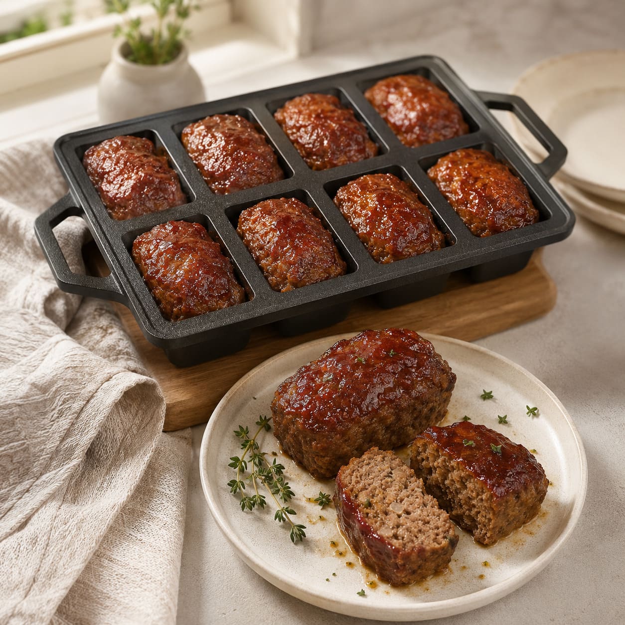 Mini loaf pan set with dark mini loaves and sliced loaf on plate