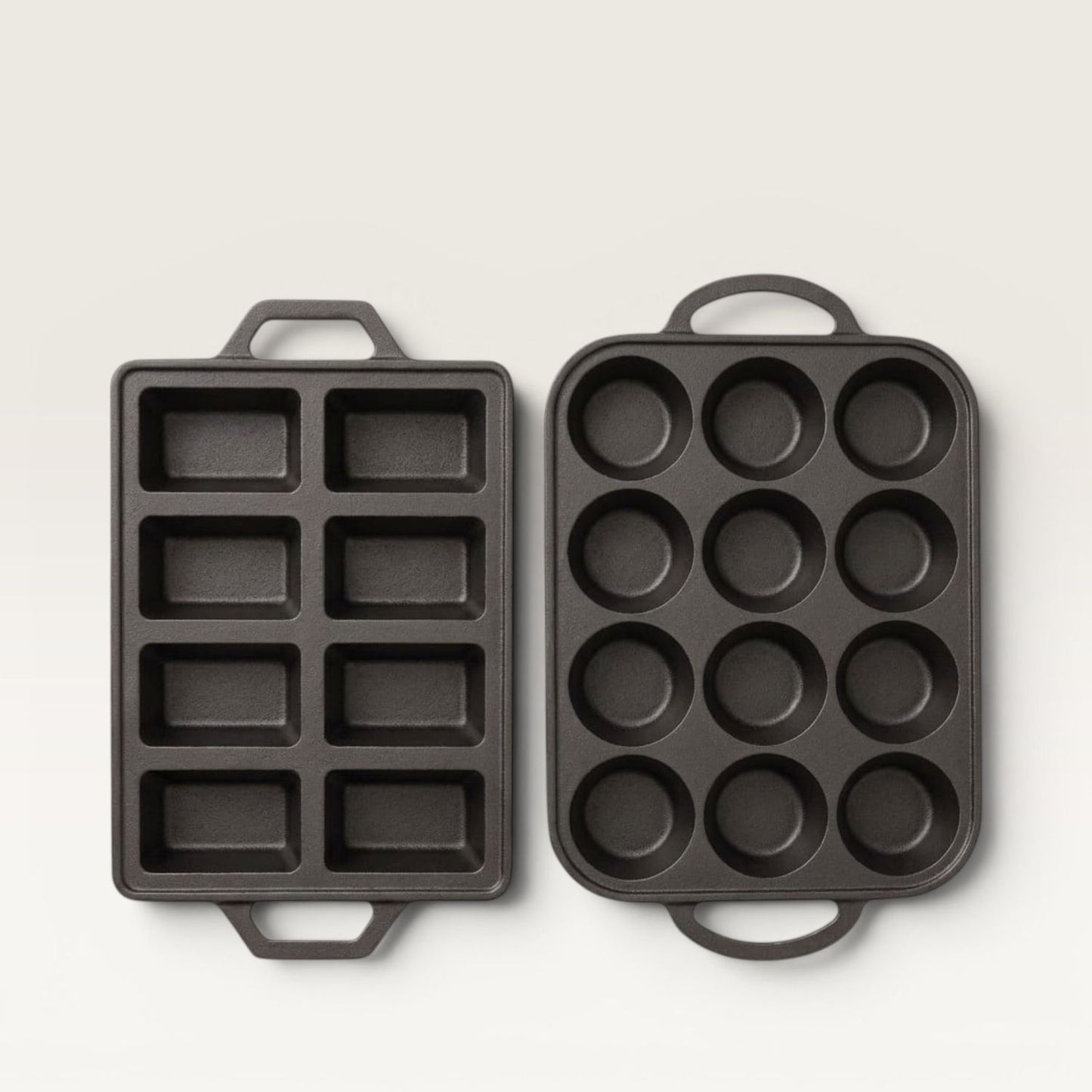 Mini baking pan duo: muffin cup tray and square loaf tray, gray metal with handles