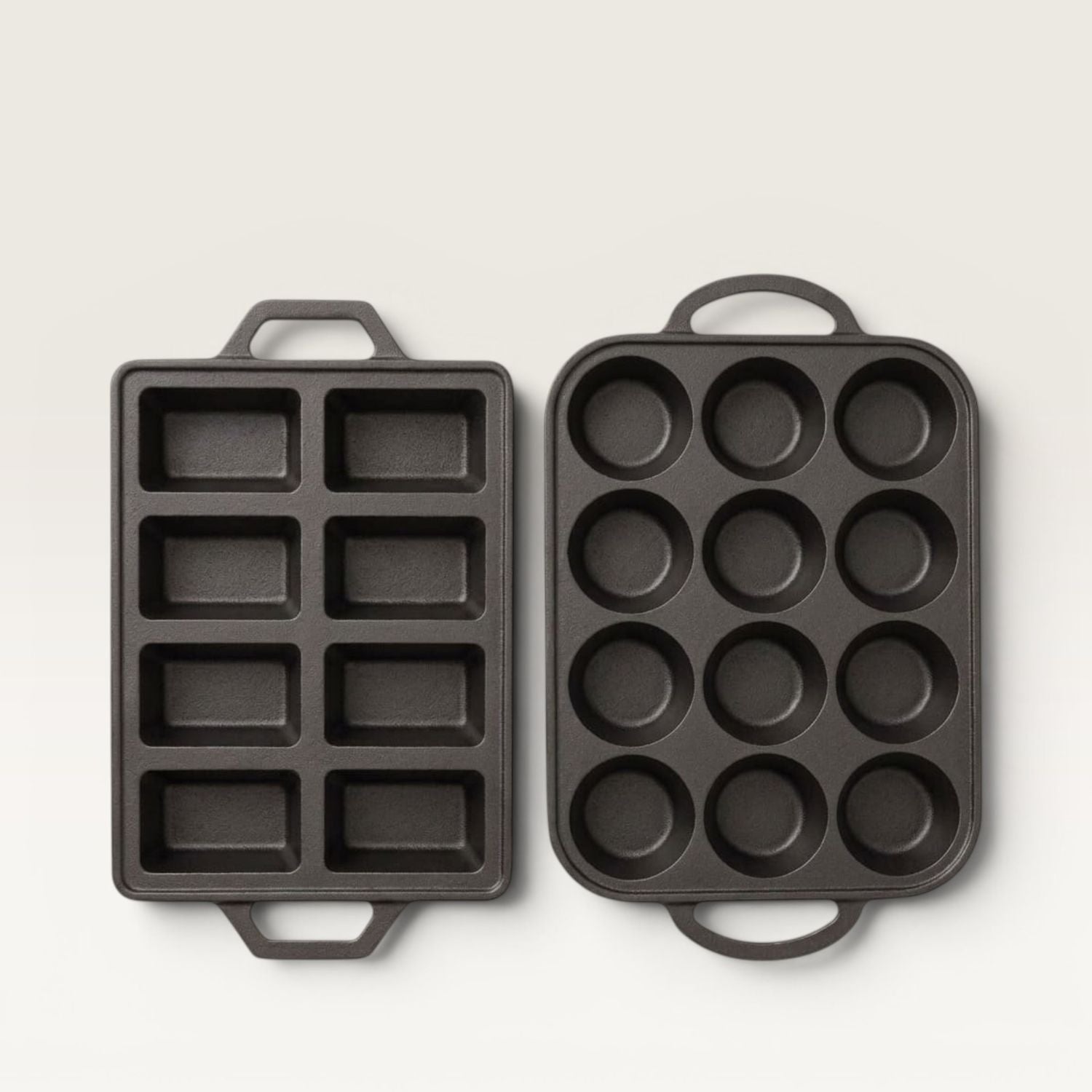 Mini baking pan duo: muffin cup tray and square loaf tray, gray metal with handles
