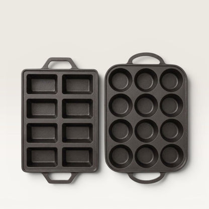 Mini baking pan duo: muffin cup tray and square loaf tray, gray metal with handles