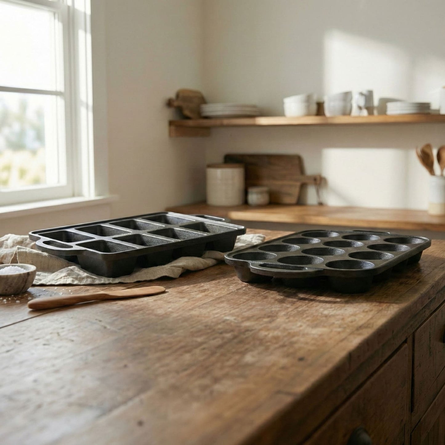 Black baking trays: muffin cup mold and square cavity mold on a wooden countertop