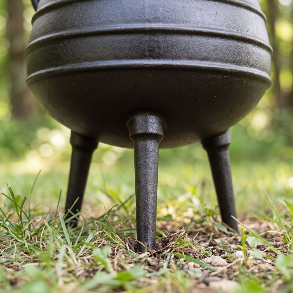 A close-up outdoor shot of a dark cast-iron tripod cauldron or planter standing on grass and soil in a blurred natural setting. 6 qt (Size #2), 8 qt (Size #3), 10 qt (Size #4), 14 qt (Size #6)