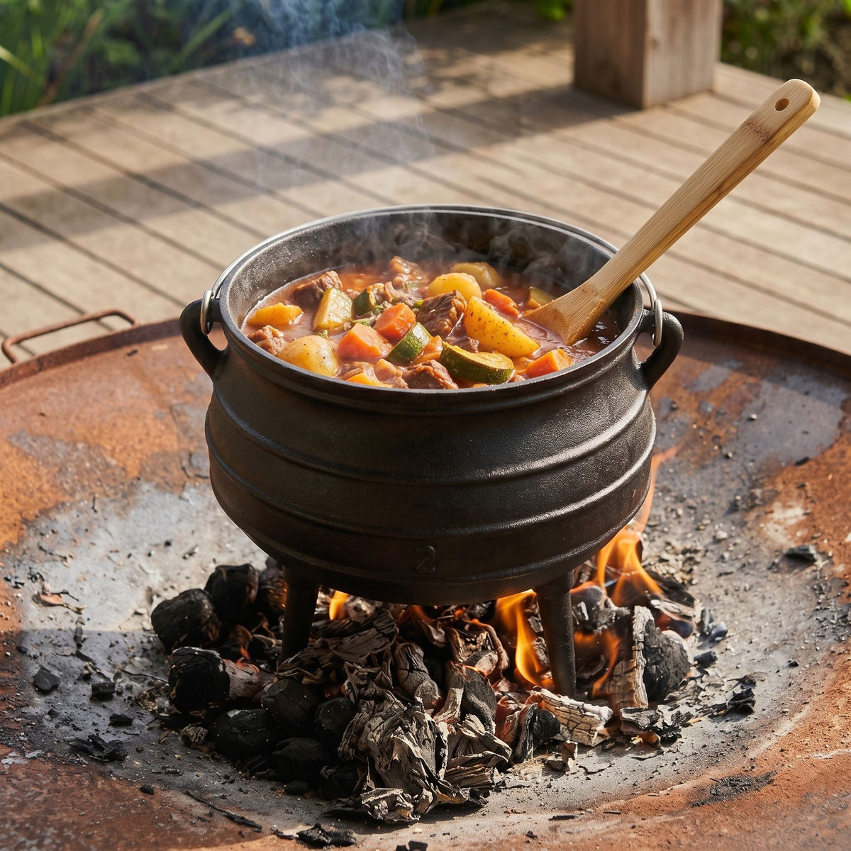 A black cast-iron cauldron pot with a wooden spoon, filled with a hearty vegetable stew, sitting over an open fire on a rustic metal fire ring outdoors on a wooden deck. 6 qt (Size #2) cast iron potjie