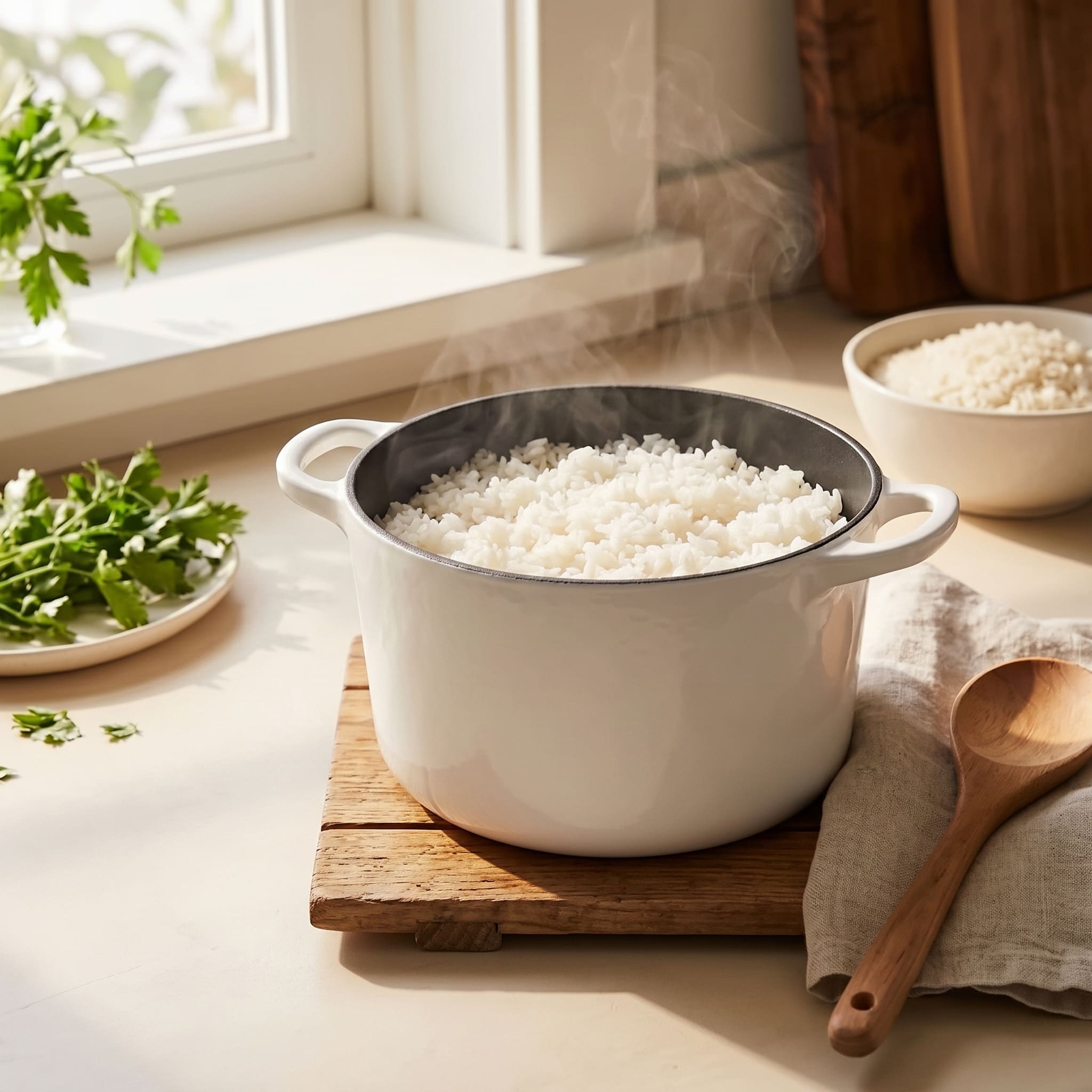 White Dutch oven filled with rice, side handles