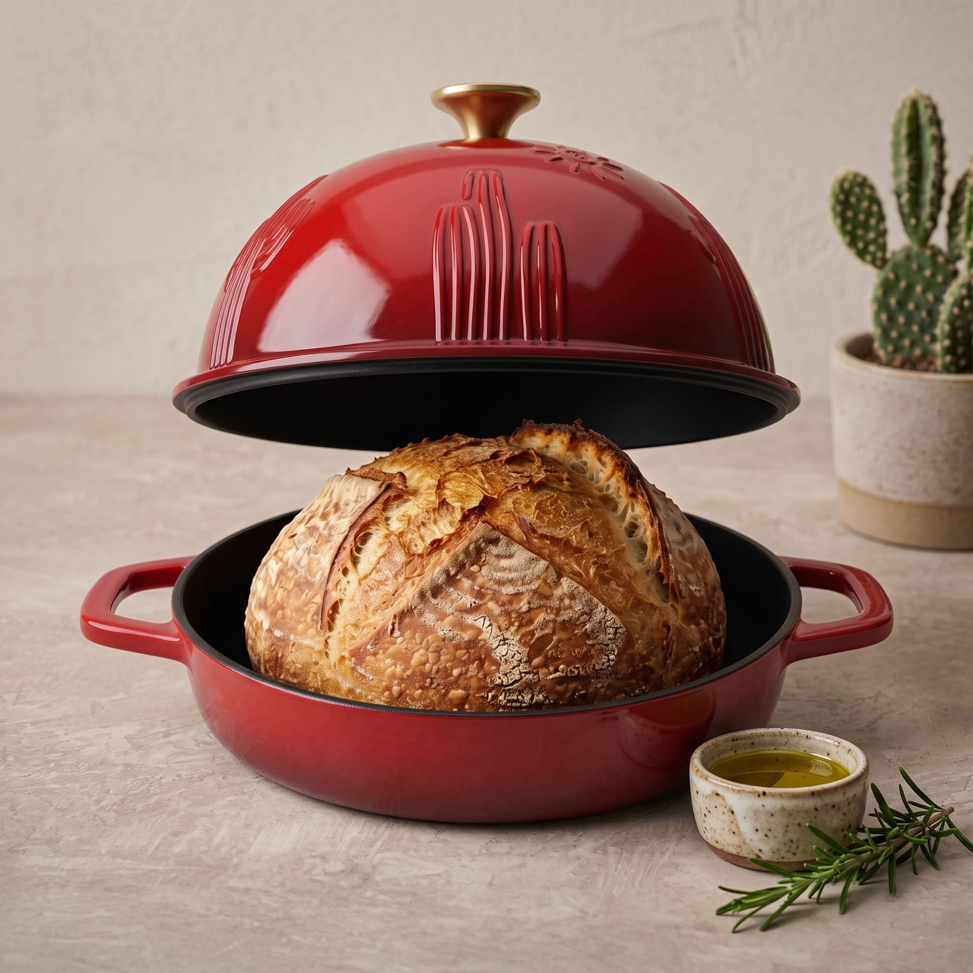 Cherry red bread oven with domed lid and sliced loaf on black base