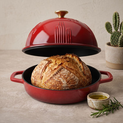 Cherry red bread oven with domed lid and sliced loaf on black base