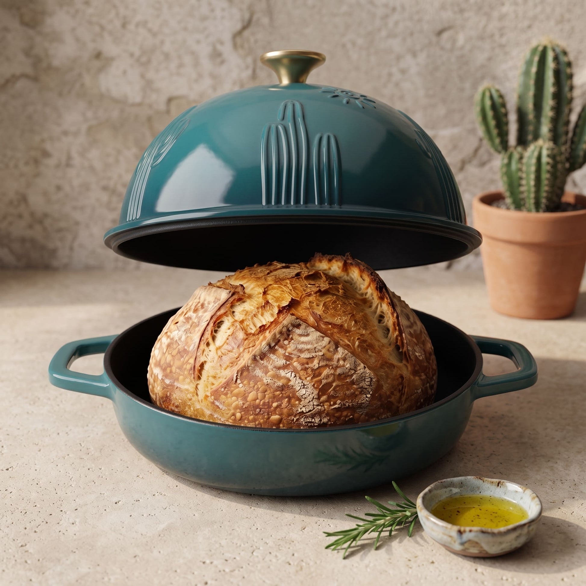 Dark cyan bread oven with domed lid and sliced loaf on black base