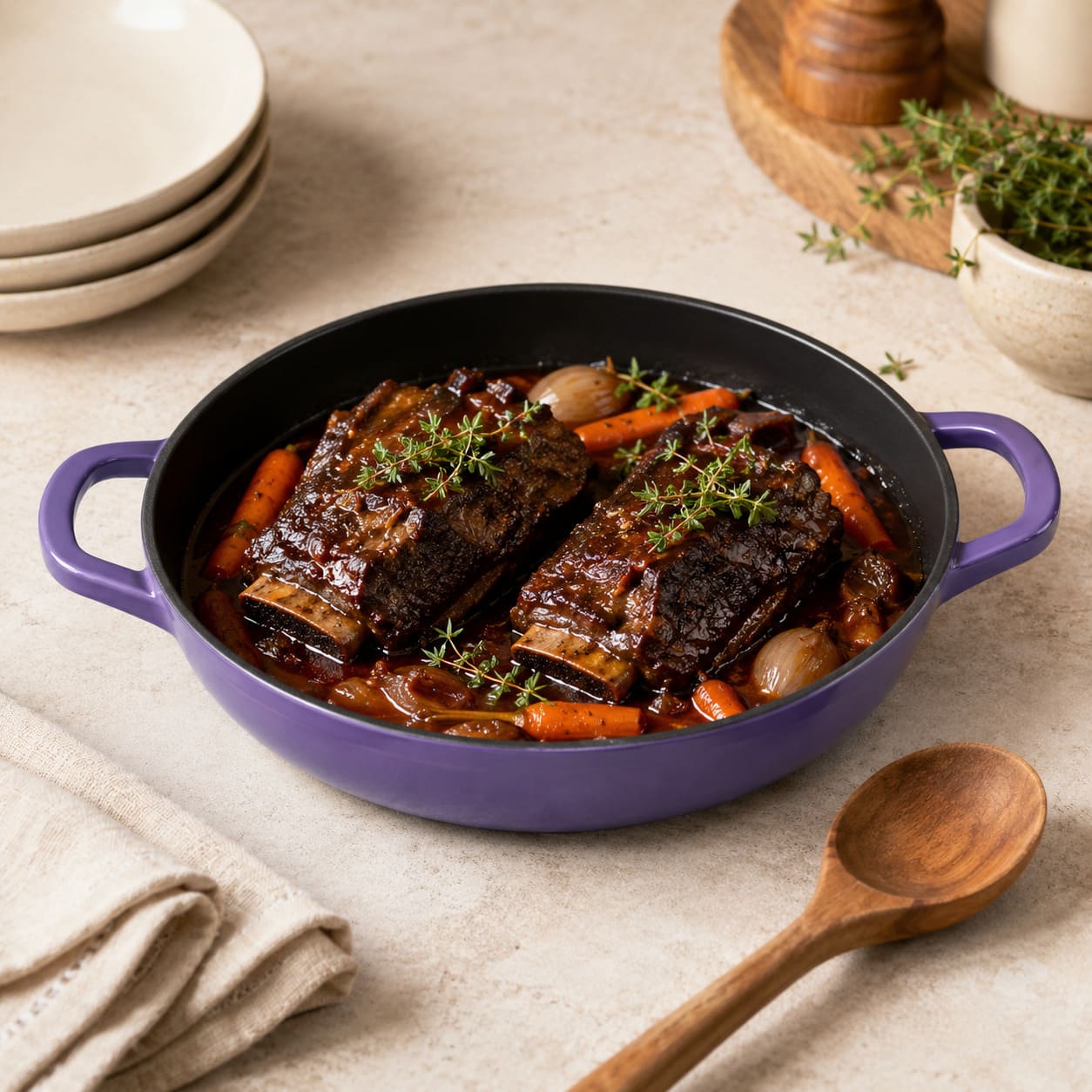 Iris Purple essential shallow braiser with two handles, filled with braised meat and carrots