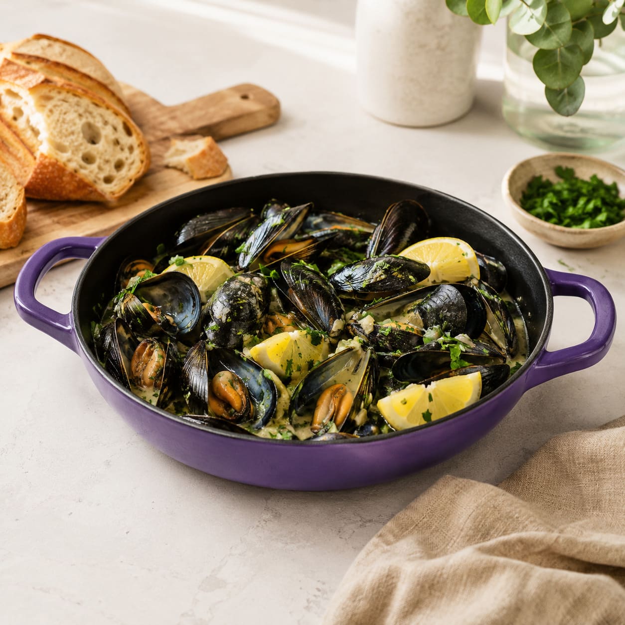 Iris Purple shallow braiser with black interior and side handles, filled with mussels