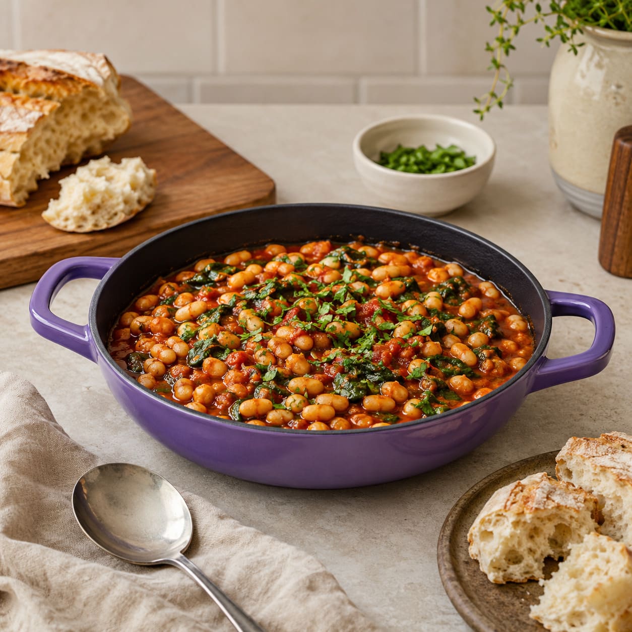 Iris Purple shallow braiser with black interior and side handles, filled with bean stew