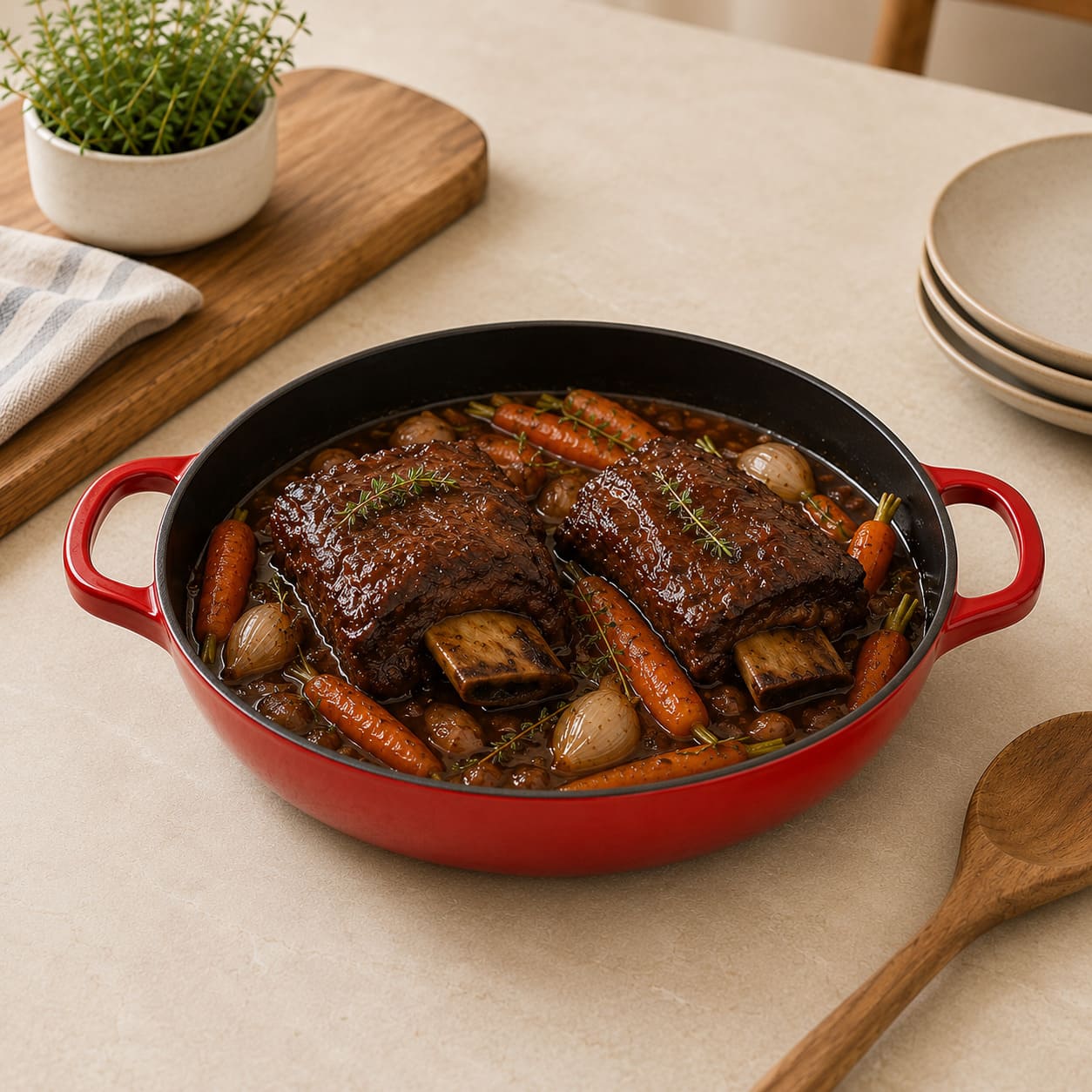 Cherry Red shallow braiser with black interior and side handles, filled with braised meat