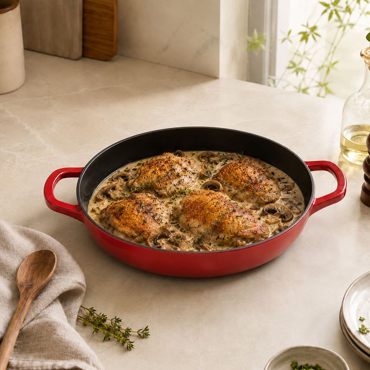 Cherry Red shallow braiser with black interior and side handles, filled with herb chicken