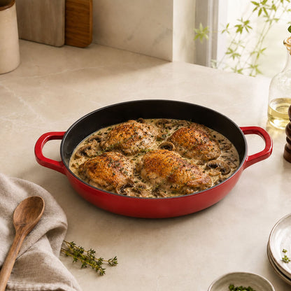 Cherry Red shallow braiser with black interior and side handles, filled with herb chicken