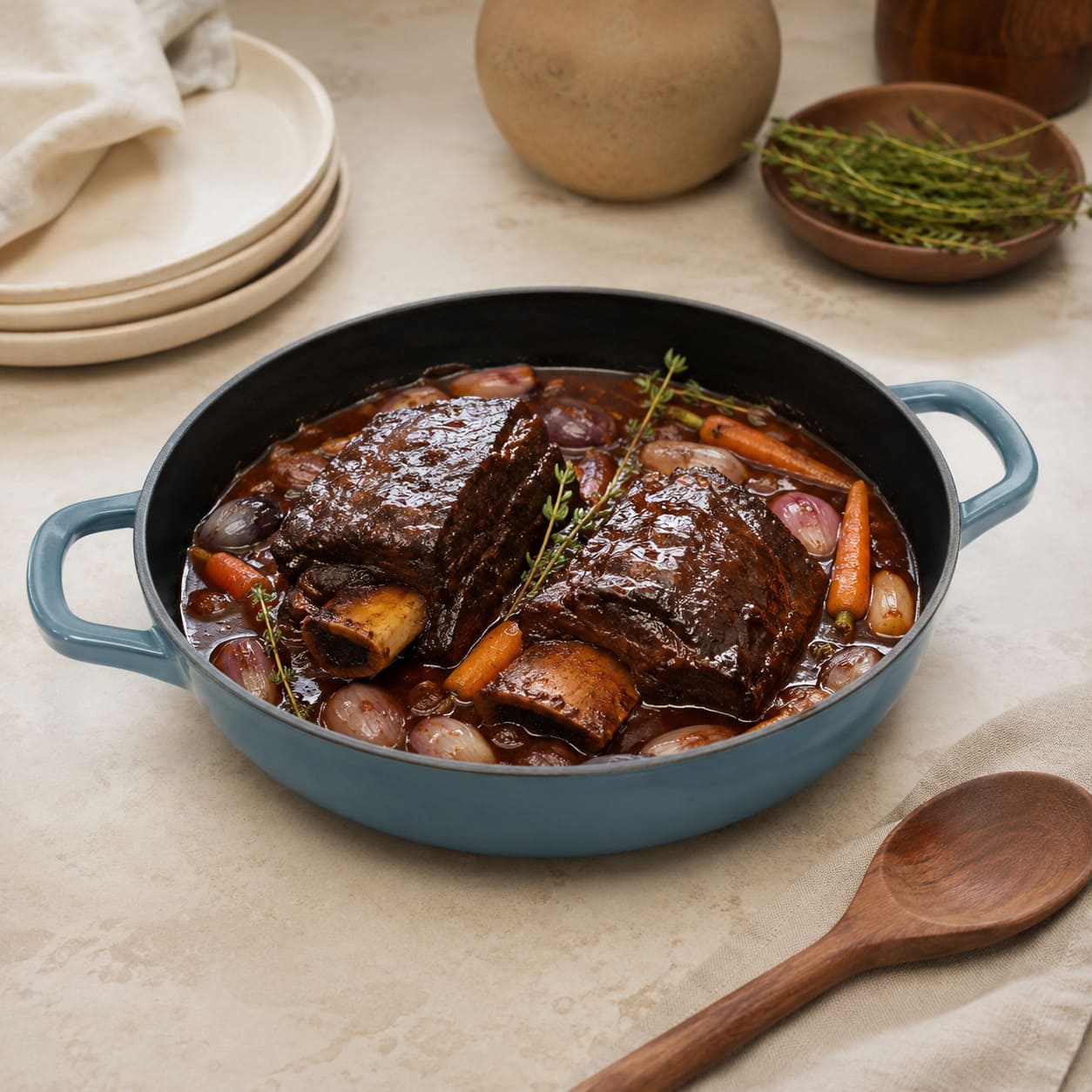 slate blue shallow braiser with black interior and loop handles, filled with braised beef