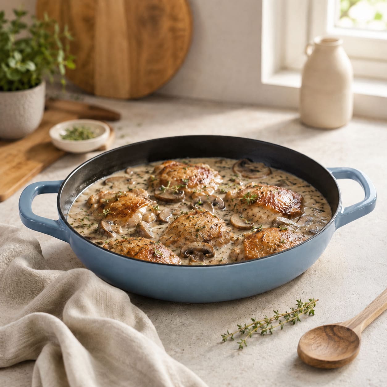 slate blue shallow braiser pan with handles, filled with simmering food and herbs