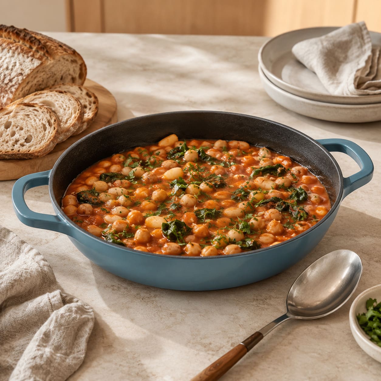 slate blue shallow braiser with black interior and handles, filled with beans and greens