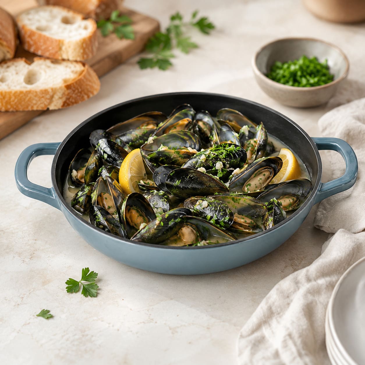slate blue essential shallow braiser with two handles, filled with mussels in broth