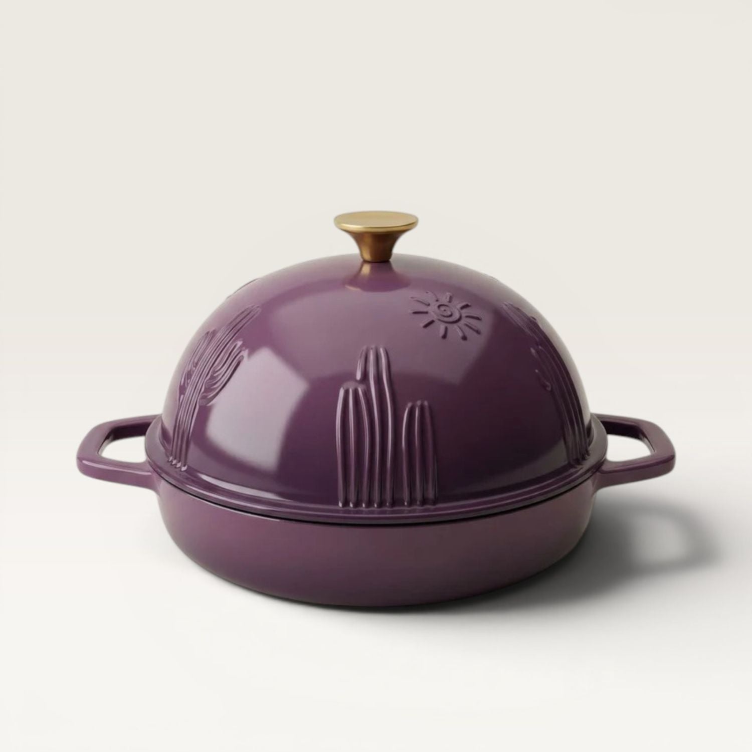 Cactus Bread Oven in Plum Purple with gold knob and embossed lid