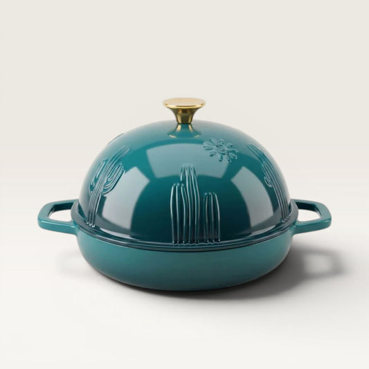 Teal enamel bread oven lid with gold knob and side handles, front view. Dark Cyan