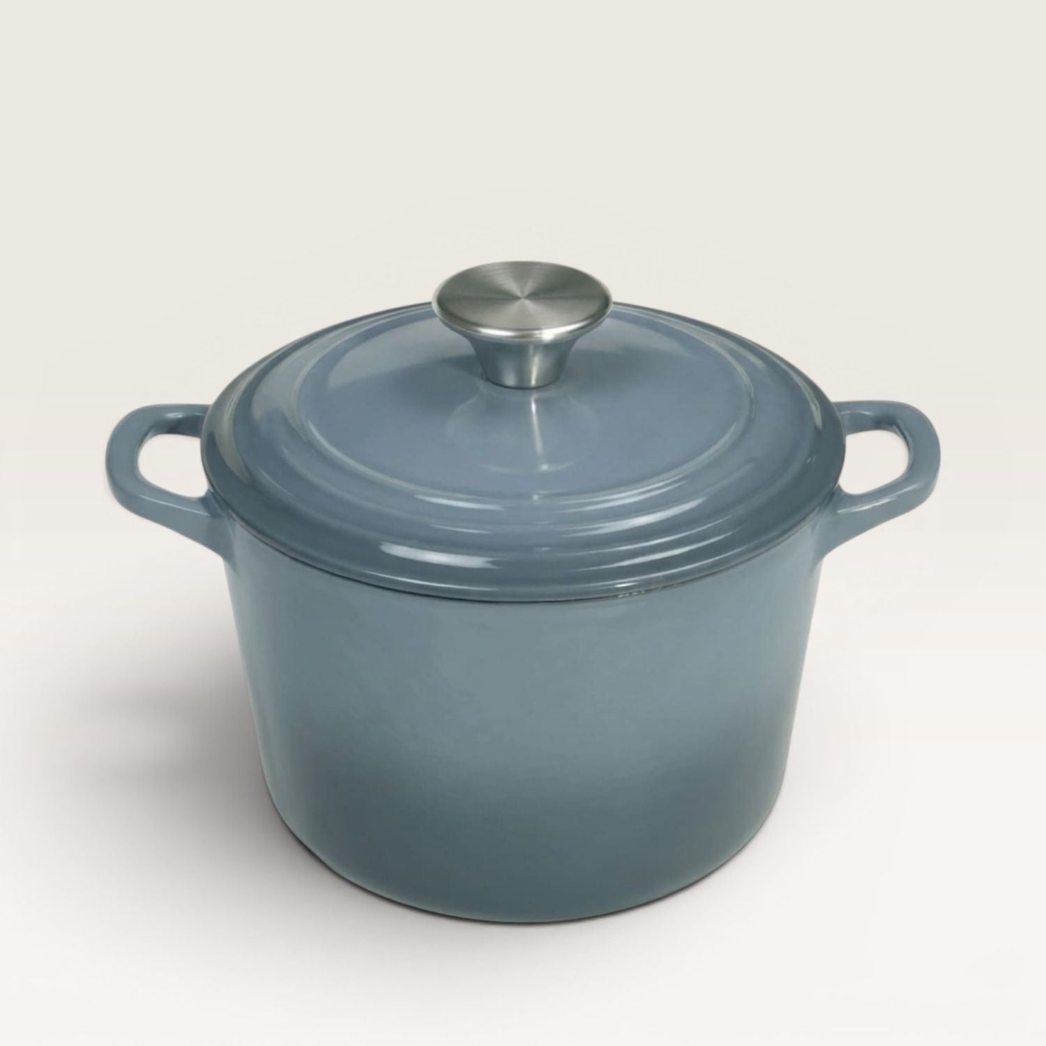 Blue deep dutch oven with lid and stainless knob, two side handles