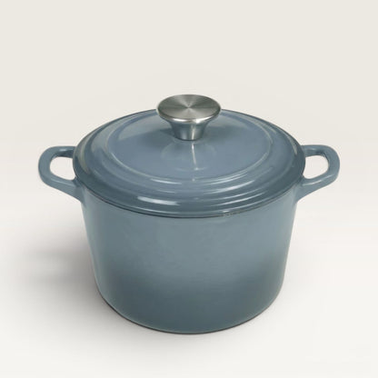 Blue deep dutch oven with lid and stainless knob, two side handles