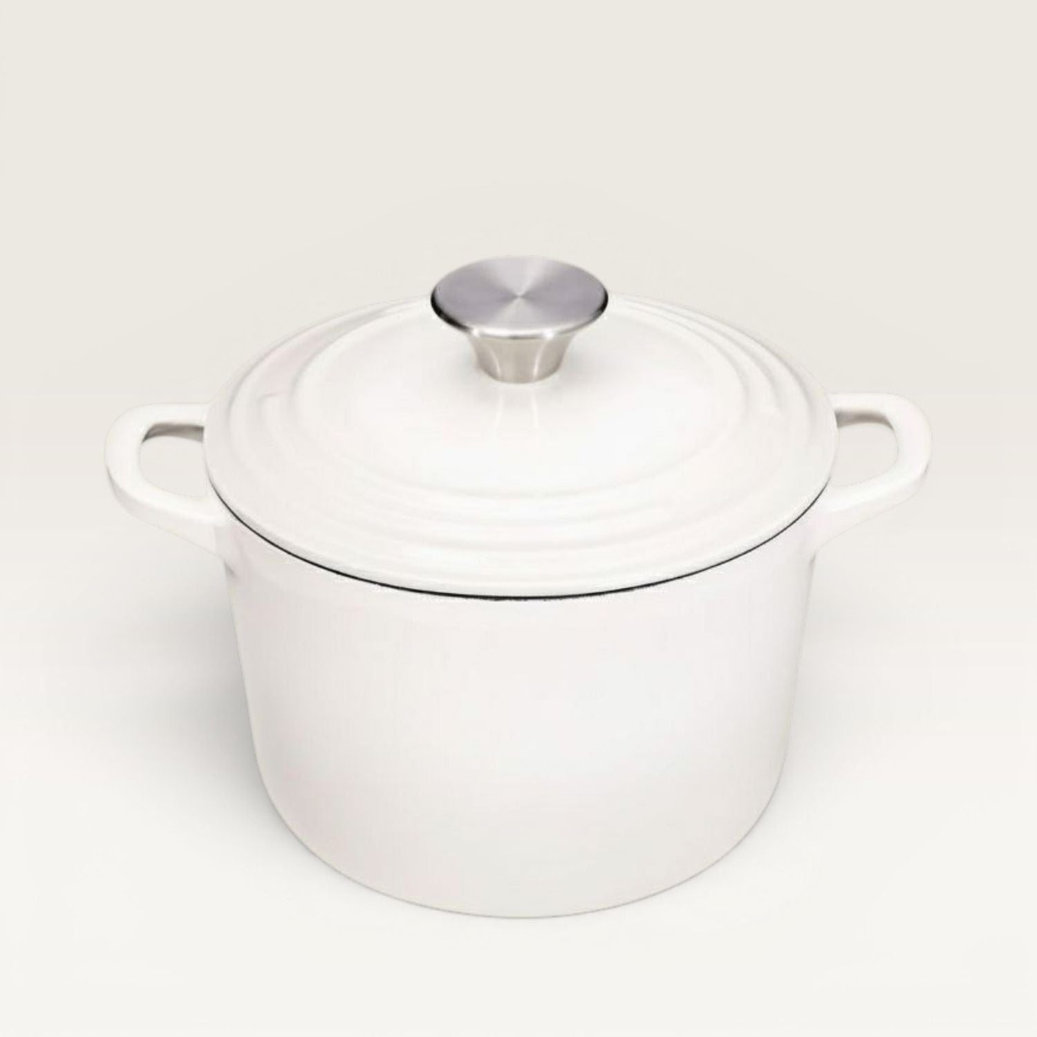 White Dutch oven with white lid and metal knob, side handles, lid on
