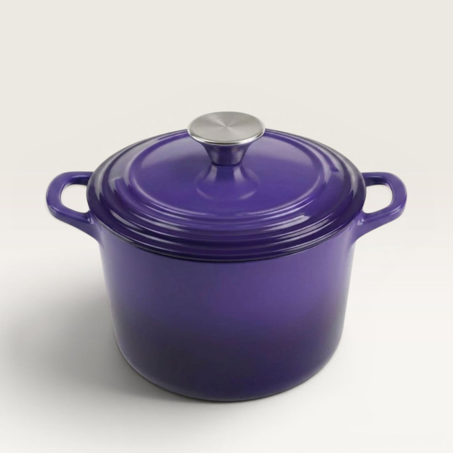 Iris purple enameled Dutch oven with lid and side handles, silver knob