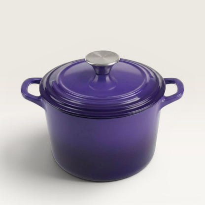 Iris purple enameled Dutch oven with lid and side handles, silver knob