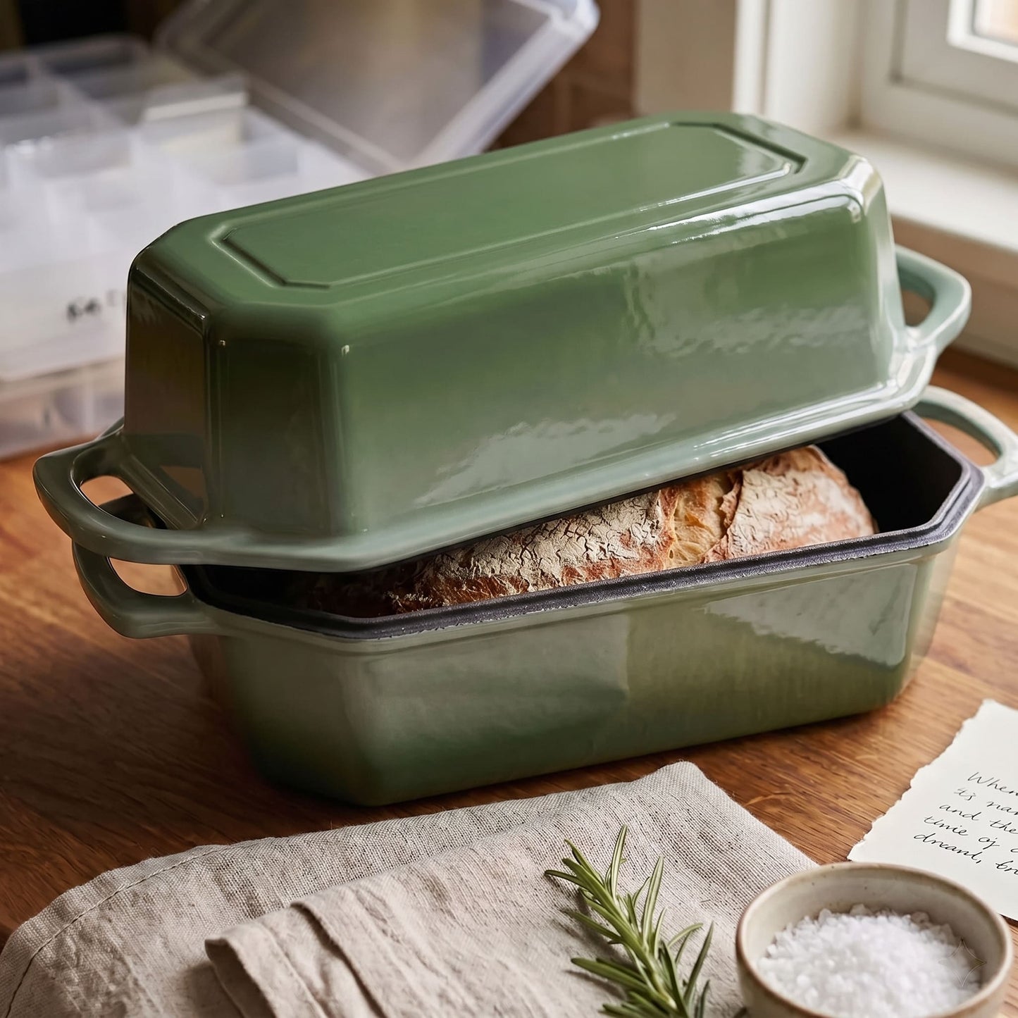 Green loaf oven with lid open, bread loaf inside on a wooden surface 8.5x4.5 Inch, Sage Green