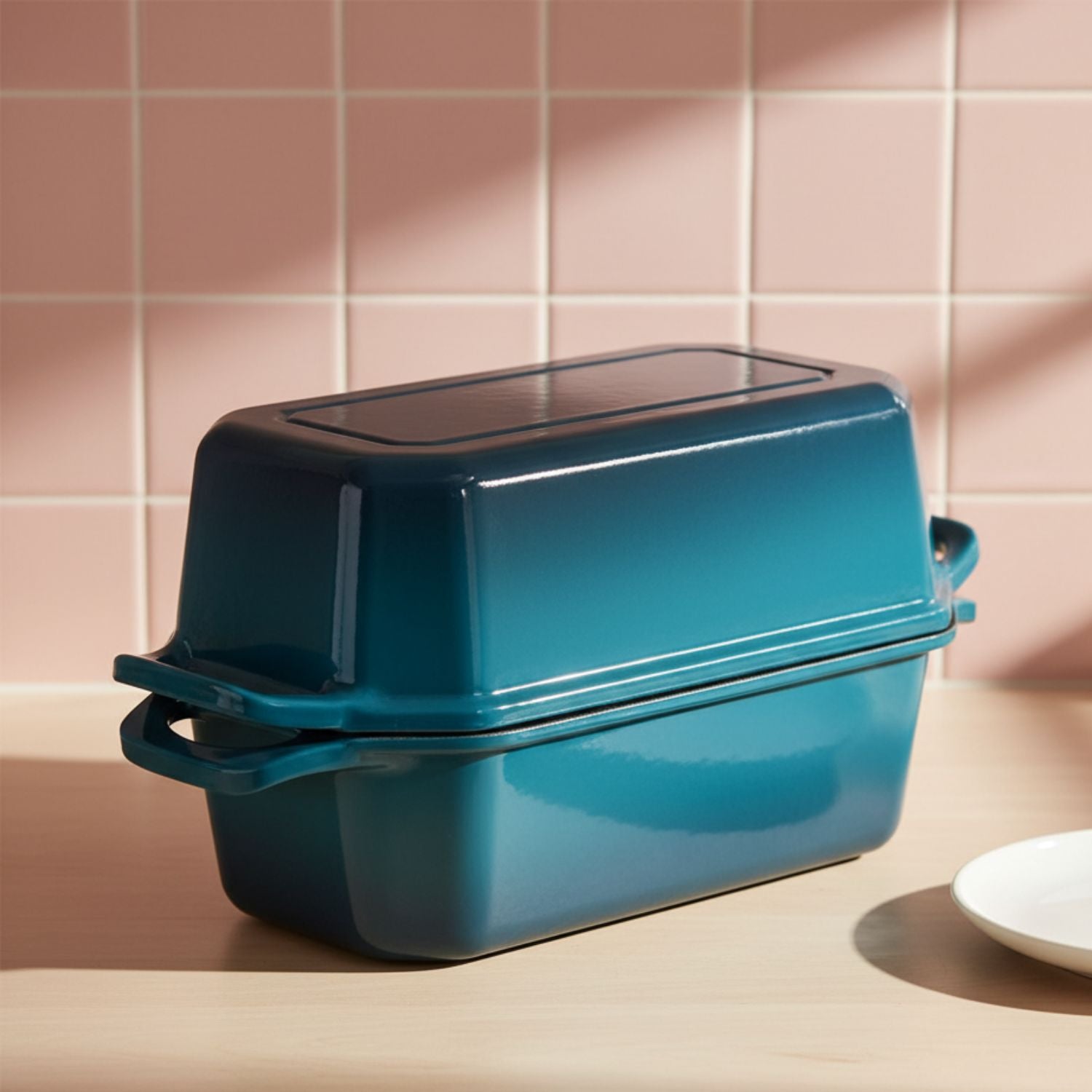 Teal loaf oven with dark lid closed, showing the front handle 8.5x4.5 Inch, deep cyan