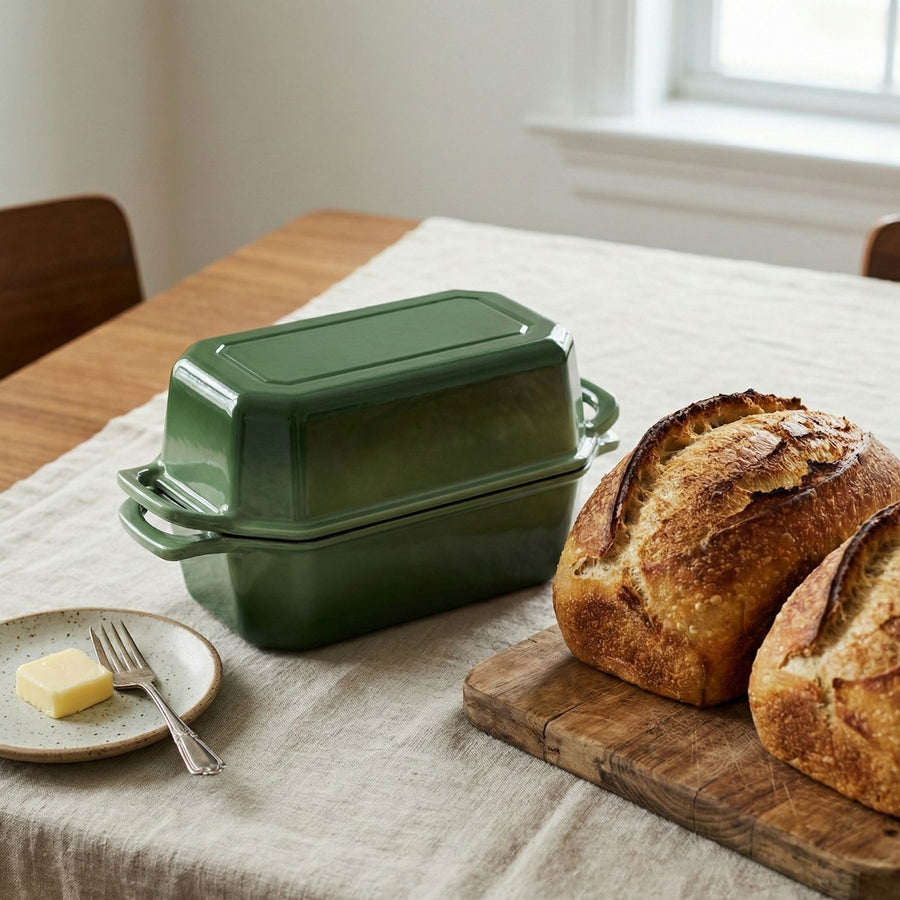 Green loaf oven with lid, baked bread loaves beside it on a cutting board