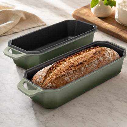Artisan loaf oven in sage green, with two loaf pans and bread inside 13x5 Inch