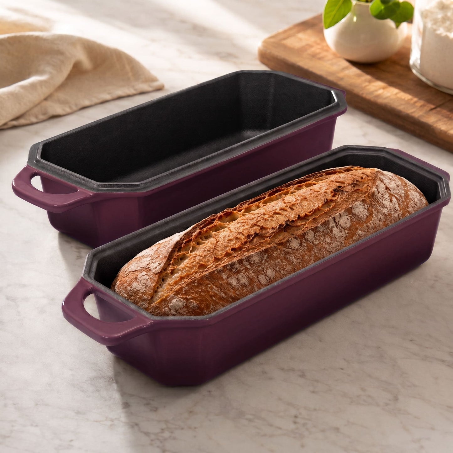 Artisan loaf oven in plum purple, with two loaf pans and bread inside 13x5 Inch