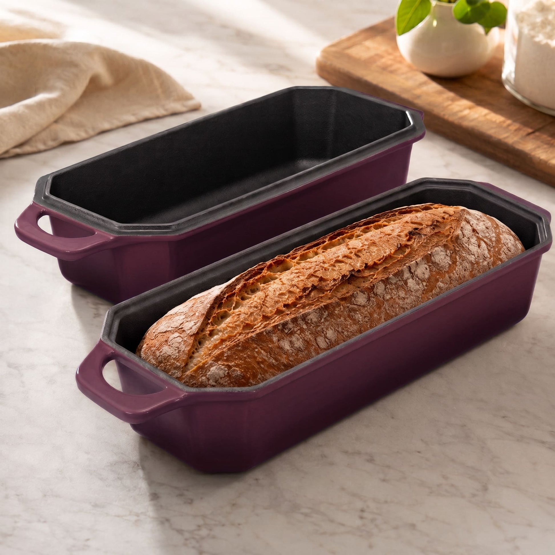 Artisan loaf oven in plum purple, with two loaf pans and bread inside 13x5 Inch