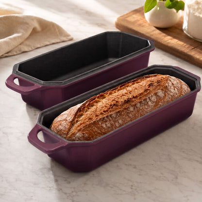 Artisan loaf oven in plum purple, with two loaf pans and bread inside 13x5 Inch