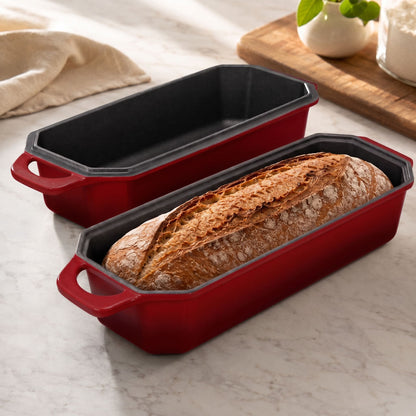 Artisan loaf oven in cherry red, with two loaf pans and bread inside 13x5 Inch