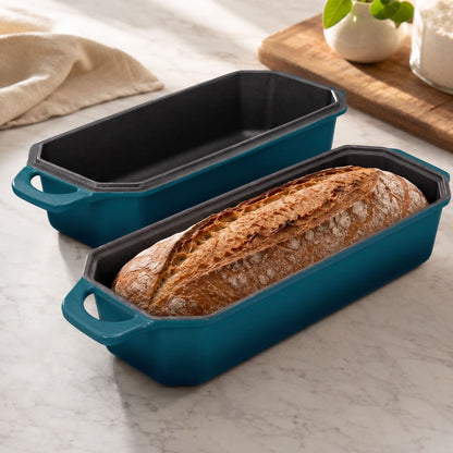Artisan loaf oven in dark cyan, with two loaf pans and bread inside 13x5 Inch deep Cyan