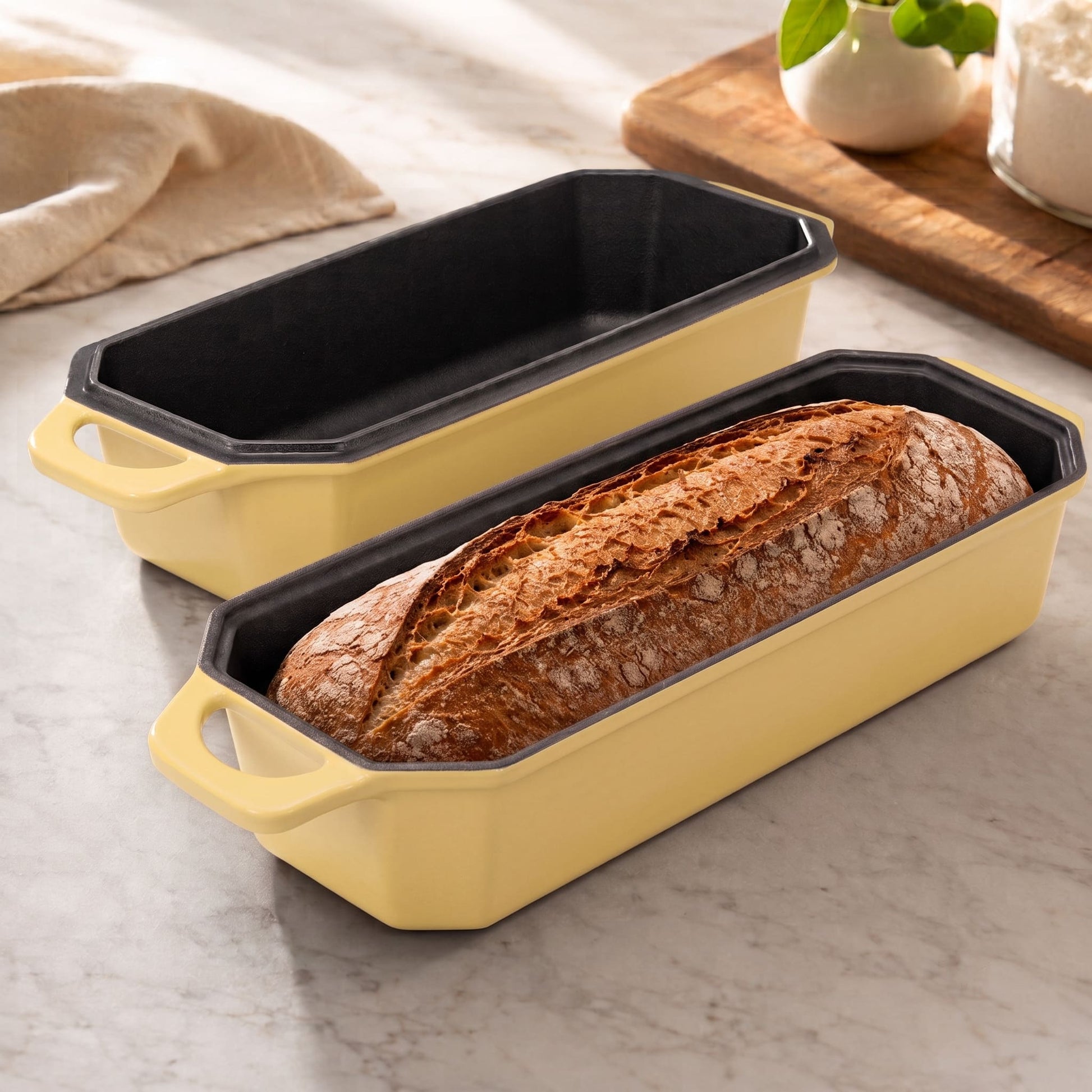 Artisan loaf oven in Butter yellow, with two loaf pans and bread inside 13x5 Inch