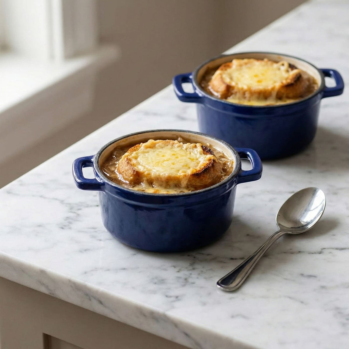Mini Dutch ovens set of 2, cobalt blue pots with baked dishes and a spoon 8 oz / 0.25 qt, 16 oz / 0.5 qt, Cobalt Blue (Enameled)