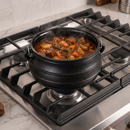 A black cast iron Dutch oven pot with side handles sits on a stainless steel gas stovetop burner, filled with a hearty beef and vegetable stew. The pot is shown in a kitchen setting with a tiled backsplash. 2 qt, 4 qt, 6 qt, 8 qt