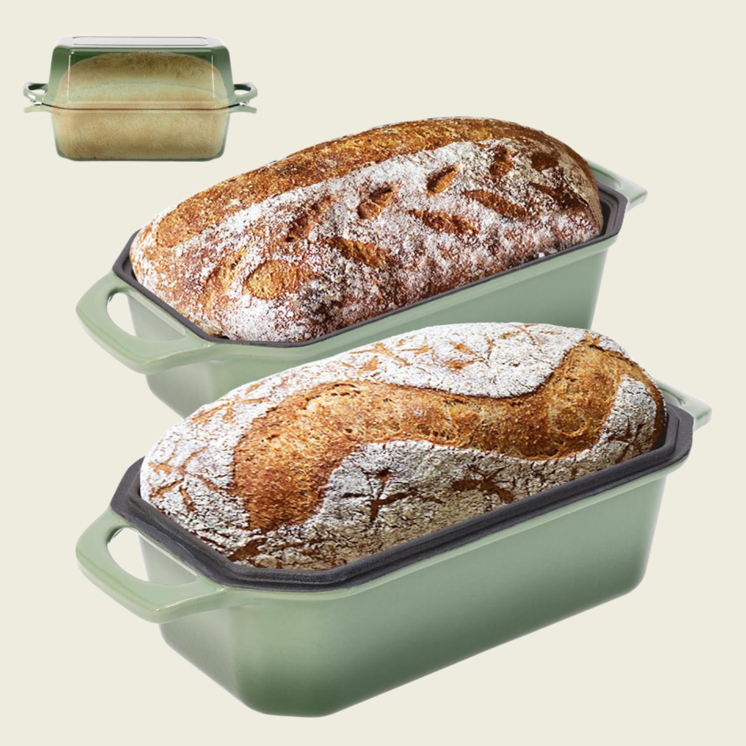 Two loaves of bread in green ceramic loaf pans on a white background