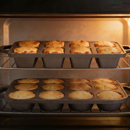 Baking pan set with golden muffins in top and bottom trays inside an oven