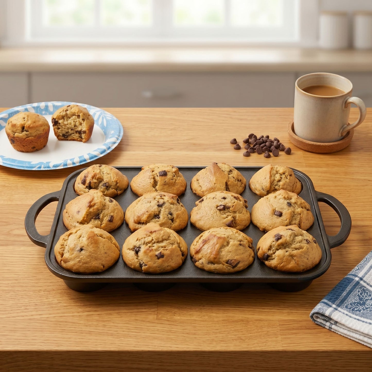 Golden baked muffins with chocolate chips in a muffin tray on a wooden table.