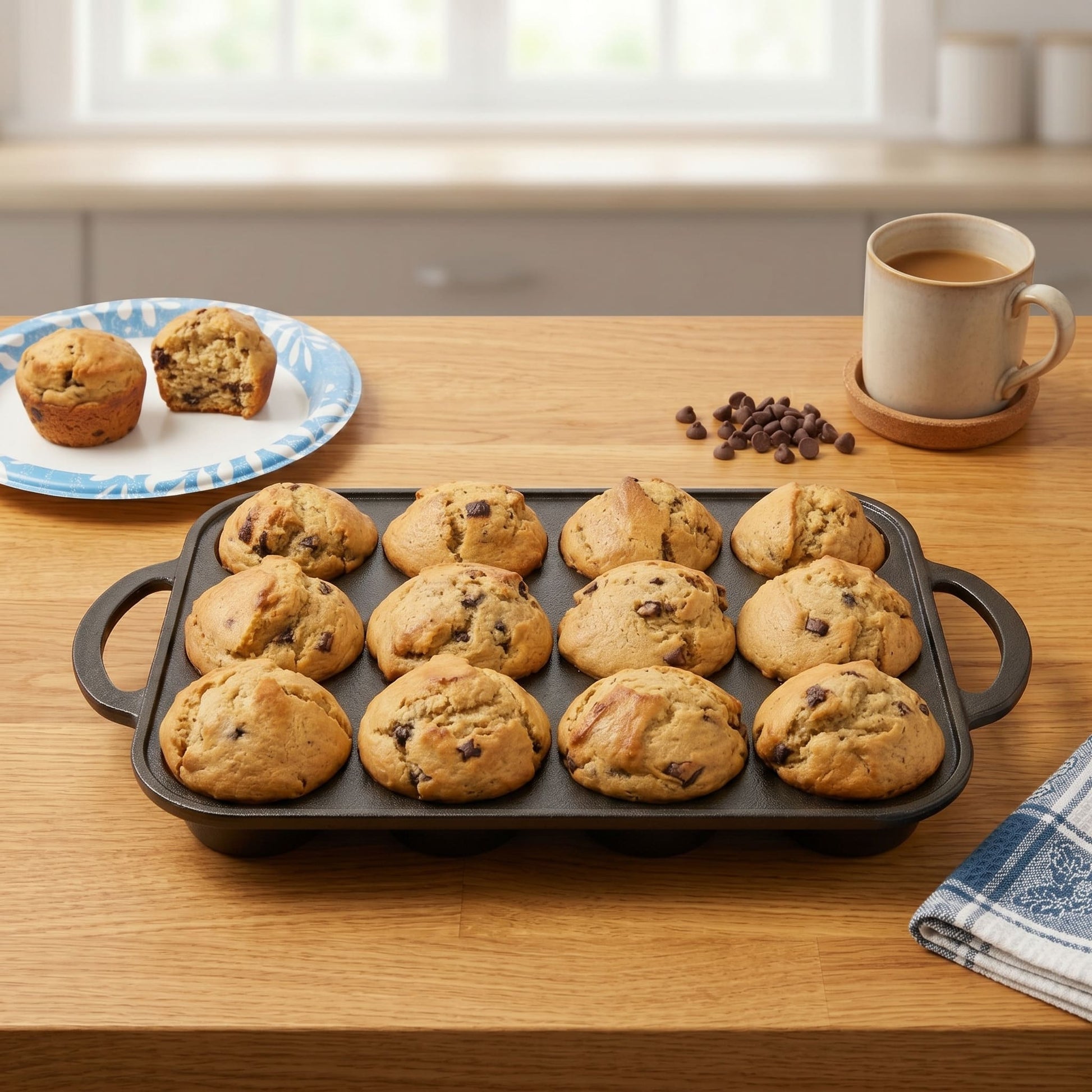 Golden baked muffins with chocolate chips in a muffin tray on a wooden table.