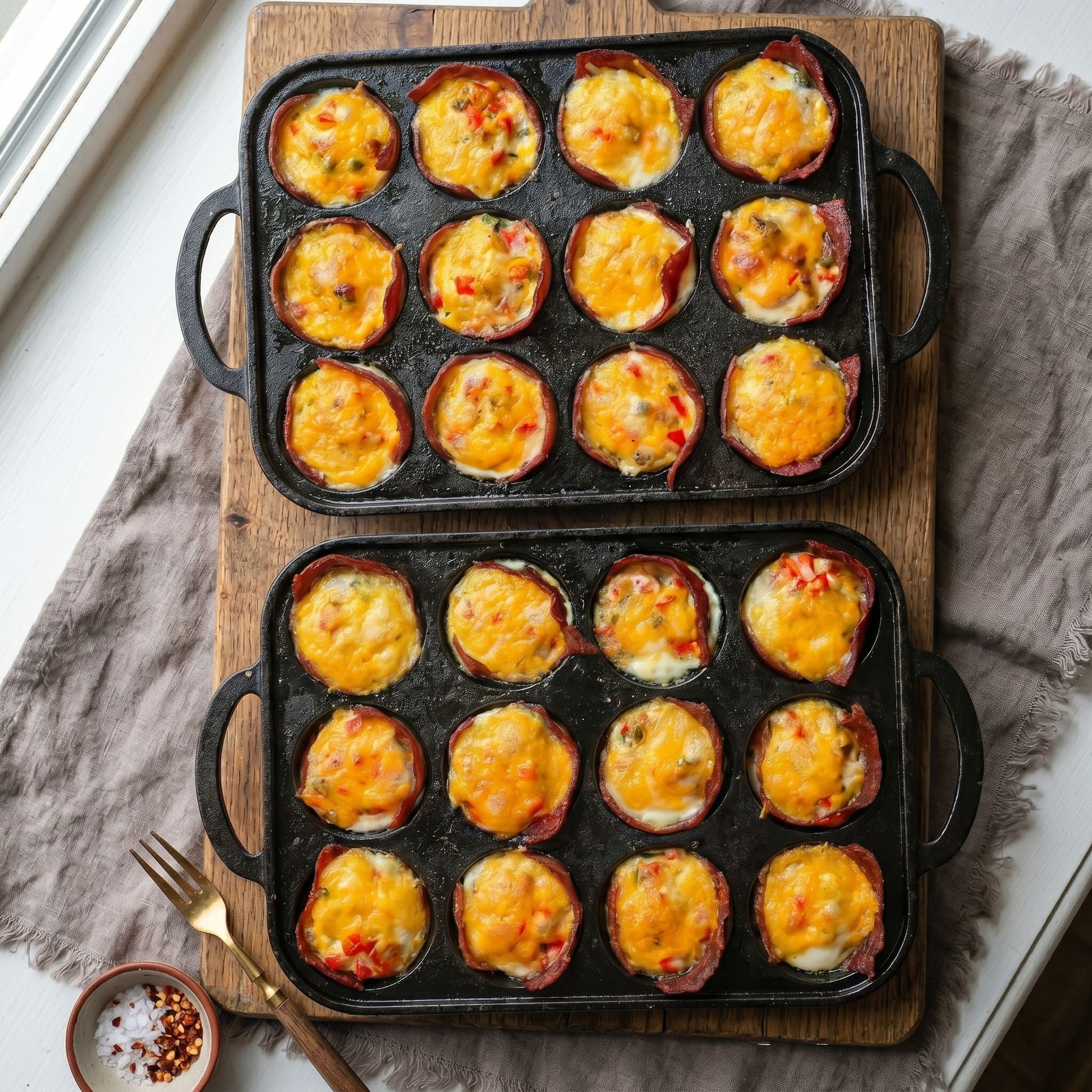 Two muffin pans stacked, each filled with baked muffins in the cup wells.