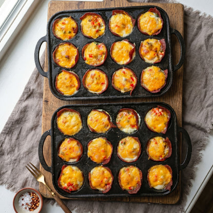 Two muffin pans stacked, each filled with baked muffins in the cup wells.