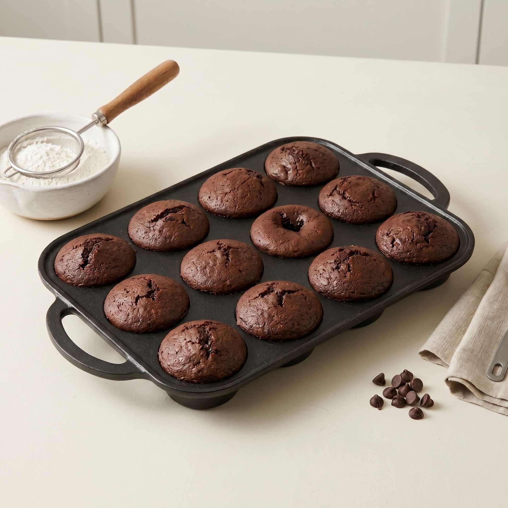 Chocolate muffin baking tray with dark-brown baked muffins in a 12-cup pan.