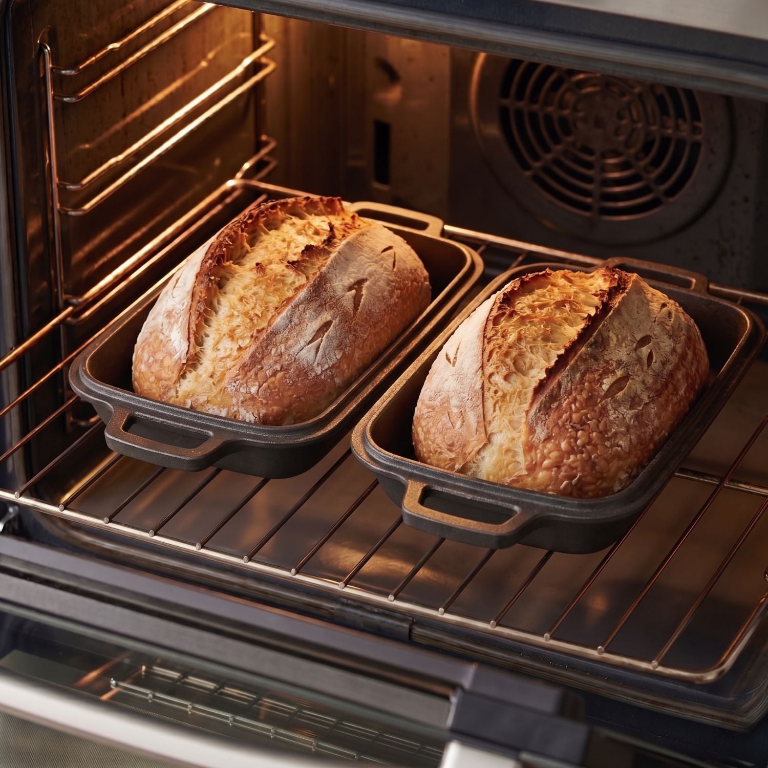 Oval bread oven on oven rack holding two baked loaves with domed tops Black (Pre-Seasoned)