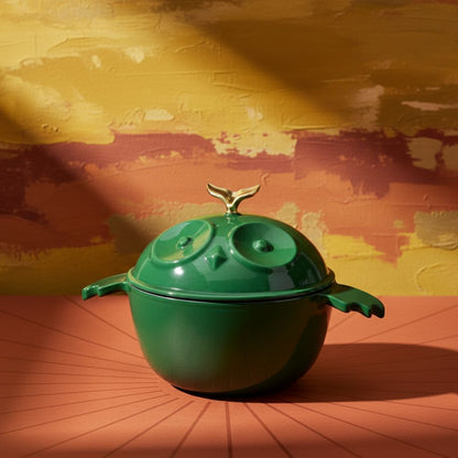 Green owl-shaped cocotte with gold finial on lid and side handles visible