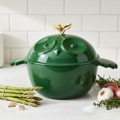 Green owl-shaped cocotte with side handles and gold finial lid